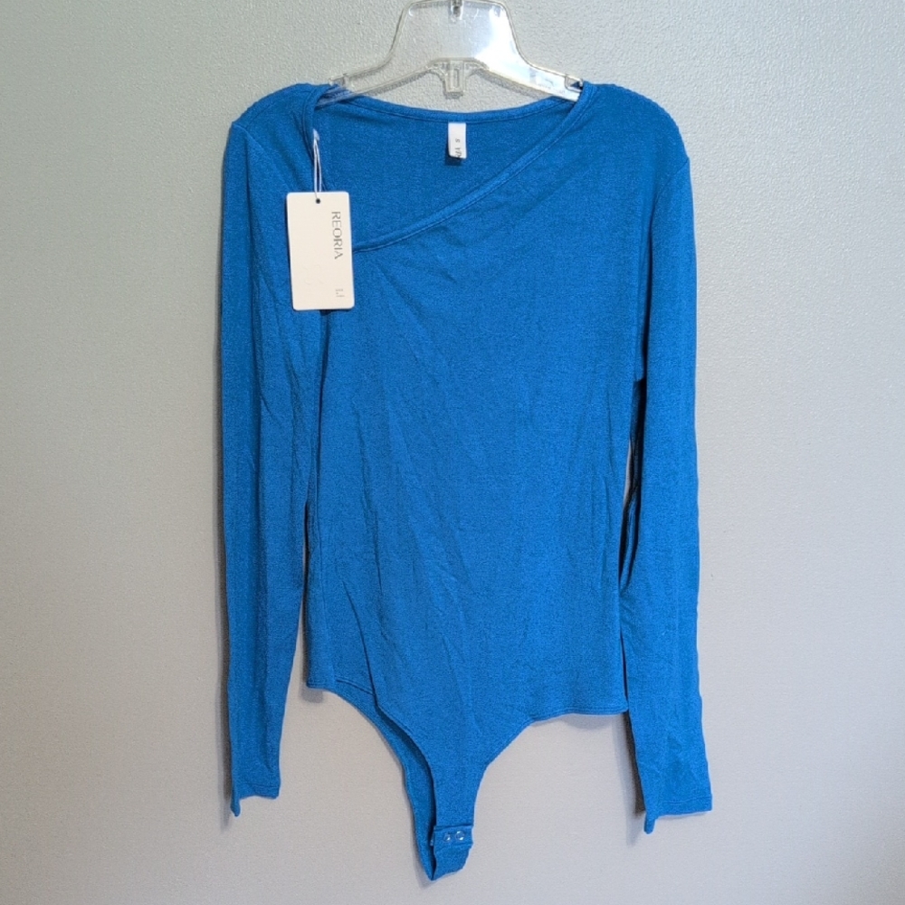 NEW Reoria Women's Blue Long Sleeve Asymmetrical Neck Bodysuit Soft Size S